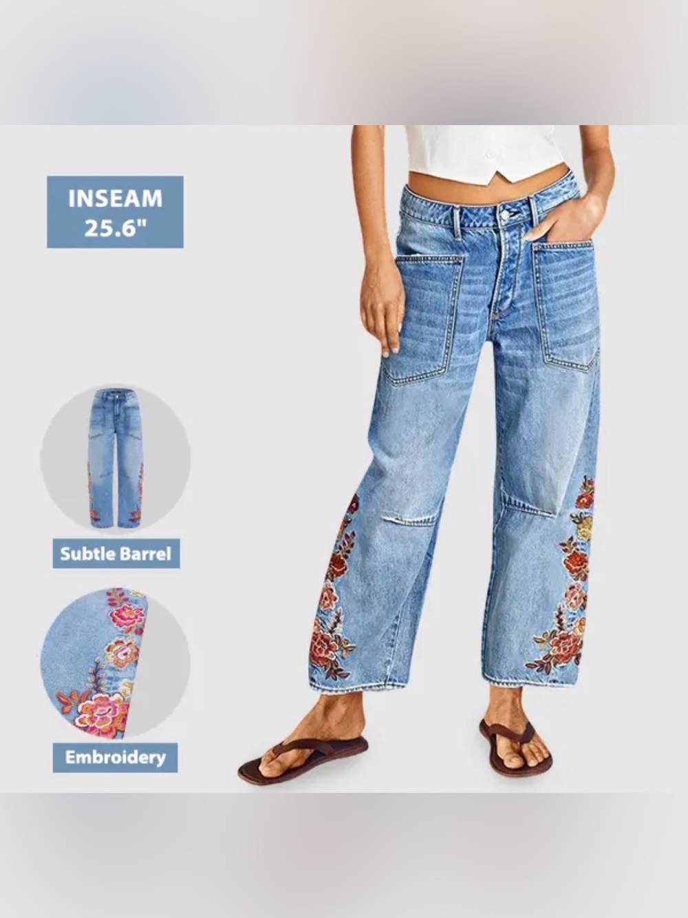 Flamingals Embroidered Floral Light Blue Barrel Jeans - Picture 2 of 10